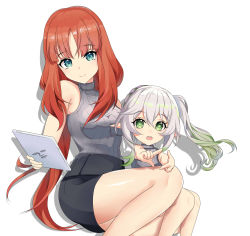 Rule 34 | 2girls, absurdres, alternate costume, aqua eyes, bare arms, bare shoulders, black skirt, closed mouth, cross-shaped pupils, feet out of frame, finger frame, floating hair, genshin impact, gradient hair, green hair, grey shirt, highres, holding, holding tablet pc, looking at viewer, maxwelzy, miniskirt, multicolored hair, multiple girls, nahida (genshin impact), nilou (genshin impact), no headwear, no horns, open mouth, pointy ears, red hair, ribbed shirt, shirt, side ponytail, sidelocks, simple background, sitting, skirt, sleeveless, sleeveless turtleneck, smile, symbol-shaped pupils, tablet pc, teeth, thighs, turtleneck, twintails, two-tone hair, upper teeth only, white background, white hair