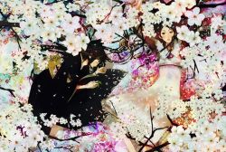 Rule 34 | 2girls, black hair, cherry blossoms, closed eyes, japanese clothes, long hair, lying, multiple girls, on side, original, petals, shigureteki