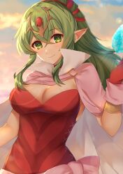Rule 34 | 1girl, breasts, cape, cleavage, dress, edamameoka, fire emblem, fire emblem awakening, forehead jewel, green skirt, highres, large breasts, looking at viewer, nintendo, pink cape, pointy ears, ponytail, red dress, skirt, smile, solo, strapless, strapless dress, tiki (adult) (fire emblem), tiki (fire emblem), upper body