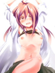 Rule 34 | 1girl, arms up, blush, breasts, brown eyes, brown hair, highres, long hair, looking at viewer, navel, nipples, open clothes, open mouth, open shirt, original, sakayama shinta, scared, shirt, skirt, solo, tears