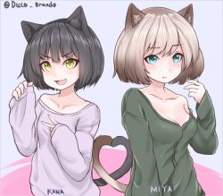Rule 34 | 2girls, :d, animal ears, bare shoulders, black hair, blonde hair, blue eyes, blush, breasts, brown hair, cat ears, cat girl, cat tail, character name, cleavage, closed mouth, commentary, disco brando, english commentary, fang, gradient hair, green sweater, hands up, heart tail duo, long sleeves, looking at viewer, medium breasts, multicolored hair, multiple girls, off shoulder, open mouth, original, pink sweater, short hair, sleeves past wrists, small breasts, smile, sweater, tail, upper body, v, yellow eyes