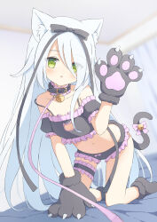 Rule 34 | 1girl, :c, animal ear fluff, animal ears, animal hands, arm support, armpit crease, bare shoulders, bell, black bow, black collar, black panties, black tank top, blurry, blurry background, blush, bow, bow panties, bridal garter, cat cutout, cat ears, cat girl, clothing cutout, collar, collarbone, commission, crop top, detached sleeves, fake tail, frilled bandeau, frilled panties, frills, gloves, green eyes, hair between eyes, hair bow, hair over one eye, hand up, highres, indoors, kneeling, leash, long hair, looking at viewer, navel, neck bell, neck garter, on bed, open mouth, original, panties, paw gloves, paw shoes, raised eyebrows, short sleeves, sidelocks, skeb commission, solo, stomach, tail, tank top, tyomimas, underwear, variant set, viewer holding leash, white hair