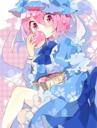 Rule 34 | 1girl, back bow, bag, blue bow, blue hat, blue kimono, blush, bow, bowtie, commentary, eating, feet out of frame, food, frilled kimono, frills, ghost, hair between eyes, hat, highres, holding, holding bag, holding food, japanese clothes, kimono, long sleeves, looking at viewer, mob cap, nikorashi-ka, one-hour drawing challenge, pastry, pastry bag, pink eyes, pink hair, saigyouji yuyuko, short hair, sitting, solo, touhou, triangular headpiece, wide sleeves, wrist cuffs