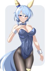 Rule 34 | 1girl, animal ears, black pantyhose, blue background, blue bow, blue bowtie, blue eyes, blue hair, blue leotard, bow, bowtie, breasts, detached collar, ear covers, horse ears, horse girl, horse tail, ishitsuma canon, k.s.miracle (umamusume), large breasts, leotard, looking at viewer, nontraditional playboy bunny, pantyhose, short hair, solo, strapless, strapless leotard, tail, two-tone background, umamusume, wrist cuffs