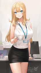 Rule 34 | 1girl, artist name, bare arms, bare shoulders, black skirt, blonde hair, blue eyes, blue nails, blush, breasts, claire lamund (nhaliz), closed mouth, collared shirt, commentary request, cowboy shot, cup, desk, highres, holding, holding cup, id card, indoors, large breasts, long hair, looking at viewer, monitor, nail polish, nhaliz, office lady, original, pencil skirt, phone, shirt, signature, skirt, sleeveless, sleeveless shirt, smile, solo, watermark, web address, white shirt