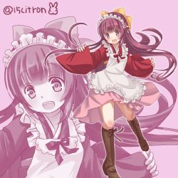 Rule 34 | 15citron, 1girl, apron, boots, bow, brown footwear, commentary request, cross-laced footwear, frilled apron, frills, full body, hair bow, hakama, hakama skirt, japanese clothes, kamikaze (kancolle), kantai collection, kimono, lace-up boots, long hair, looking at viewer, maid, maid headdress, meiji schoolgirl uniform, one-hour drawing challenge, pink background, pink hair, pink hakama, purple hair, red kimono, simple background, skirt, smile, solo, twitter username, wa maid, white apron, yellow bow, zoom layer