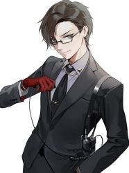Rule 34 | 1boy, bad id, bad twitter id, black jacket, black necktie, black pants, brown hair, closed mouth, collared shirt, cowboy shot, formal, glasses, gloves, grey shirt, hand in pocket, hand up, highres, holding, hypnosis mic, iruma jyuto, jacket, long sleeves, looking at viewer, male focus, necktie, ohisashiburi, pants, red gloves, semi-rimless eyewear, shirt, short hair, simple background, smile, smirk, solo, standing, suit, tie clip, under-rim eyewear, white background