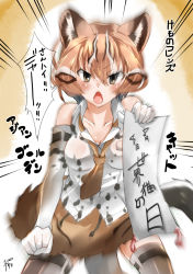 Rule 34 | 1girl, animal ears, asian golden cat (kemono friends), breasts, brown eyes, brown hair, chiki yuuko, clenched hand, commentary request, elbow gloves, fangs, gloves, holding, kemono friends, motion lines, multicolored hair, open mouth, orange hair, skirt, solo, tail, thighhighs, translation request, white hair