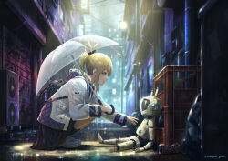 Rule 34 | 1girl, absurdres, bag, black ribbon, black skirt, blonde hair, blue eyes, building, can, commentary request, cyberpunk, drink can, from side, hair ribbon, hanagamigendai, highres, holding, holding umbrella, jacket, long sleeves, looking at object, night, original, outdoors, ponytail, rain, reaching, ribbon, robot, short hair, sidelocks, skirt, soda can, solo, spotlight, squatting, transparent, transparent umbrella, twitter username, umbrella, white jacket