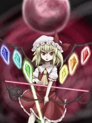 Rule 34 | 1girl, bad id, bad pixiv id, blonde hair, bow (weapon), female focus, flandre scarlet, hat, mob cap, rainbow order, ribbon, short hair, solo, touhou, weapon, wings, yoshitsuna
