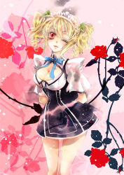 Rule 34 | 1girl, blonde hair, borrowed character, bow, breasts, cleavage, drill hair, flower, large breasts, lee sun young, maid headdress, mole, mole under eye, one eye closed, original, red eyes, solo, twintails, wink