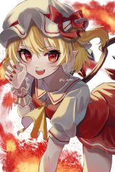 Rule 34 | 1girl, :d, absurdres, ascot, bent over, blonde hair, bow, crystal, fire, flandre scarlet, hat, hat bow, highres, katsukare, looking at viewer, mob cap, nail polish, open mouth, pointy ears, red bow, red eyes, red nails, red skirt, red vest, shirt, short hair, side ponytail, skirt, smile, solo, teeth, touhou, twitter username, vest, white background, white hat, white shirt, wings, wrist cuffs, yellow ascot
