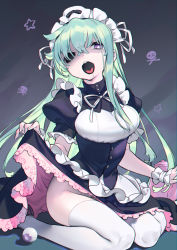 Rule 34 | 1girl, apron, black dress, breasts, brown footwear, bukurote, clothes lift, commentary request, dress, dress lift, drooling, eyeball, frilled apron, frills, green hair, groin, hair between eyes, highres, kobayakawa chinu, lifted by self, long hair, maid headdress, medium breasts, neck ribbon, no panties, open mouth, puffy short sleeves, puffy sleeves, purple eyes, pussy, pussy peek, rance (series), ribbon, saliva, sengoku rance, shoes, short sleeves, sitting, skull and crossbones, solo, star (symbol), teapot, teeth, upper teeth only, very long hair, waist apron, wariza, white apron, white legwear, white ribbon, wrist cuffs, zombie