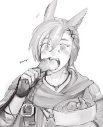 Rule 34 | 1boy, animal ears, blush, bucket of chicken, cat ears, chicken (food), comeco1103, eating, fangs, final fantasy, final fantasy xiv, fingerless gloves, food, food in mouth, fried chicken, g&#039;raha tia, gloves, greyscale, hair ornament, highres, holding, holding food, jewelry, male focus, monochrome, open mouth, pendant, scarf, short hair, simple background, solo, swept bangs, upper body, white background, wide-eyed, x hair ornament