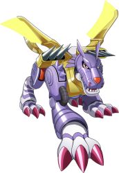 Rule 34 | android, armor, bandai, claws, digimon, digimon (creature), digimon new century, full armor, mecha, mechanical wings, metalgarurumon, missile, no humans, official art, open mouth, red eyes, robot, sharp teeth, simple background, solo, standing, tail, teeth, weapon, white background, wings