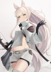 1girl, absurdres, animal ears, arknights, bangs, black gloves, breasts, commentary request, cowboy shot, crop top, eyebrows visible through hair, gloves, grey background, hand up, high collar, highres, hitsuji no rice, jacket, long hair, long sleeves, looking at viewer, midriff, platinum (arknights), short shorts, shorts, silver hair, simple background, small breasts, solo, standing, tail, very long hair, white jacket, white shorts, wide sleeves, yellow eyes