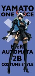 Rule 34 | 1girl, 2b (nier:automata), 2b (nier:automata) (cosplay), arm up, black dress, black gloves, black thighhighs, breasts, character name, cleavage cutout, clothing cutout, copyright name, cosplay, crossover, dress, earrings, gloves, headband over eyes, high heels, highres, hip vent, hoop earrings, horns, jewelry, large breasts, long hair, mole, mole under mouth, multicolored hair, nier:automata, nier (series), one piece, panties, panty peek, red horns, thighhighs, underwear, yamato (one piece), zuberubar