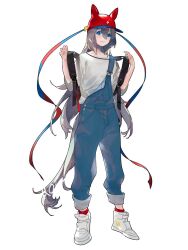 Rule 34 | 1girl, alternate costume, animal ears, backpack, bag, baseball cap, blue eyes, closed mouth, commentary, full body, grey hair, hair between eyes, hat, high tops, horse ears, horse girl, horse tail, long hair, looking at viewer, overalls, red hat, red socks, rongai rongai, shirt, shoes, smile, sneakers, socks, solo, standing, symbol-only commentary, tail, tamamo cross (umamusume), umamusume, white footwear, white shirt