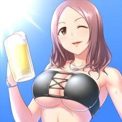 Rule 34 | 10s, 1girl, ;d, alcohol, armpits, bandeau, bare shoulders, beer, beer mug, bikini, black bikini, blue sky, blush, bracelet, breasts, brown eyes, cleavage, collarbone, cross-laced clothes, cup, day, drink, drinking glass, foam, grey hair, hand up, holding, holding cup, holding drinking glass, idolmaster, idolmaster cinderella girls, jewelry, large breasts, light rays, lips, long hair, mug, necklace, one eye closed, open mouth, outdoors, pataneet, sawada marina, sky, smile, solo, strapless, strapless bikini, sun, sunlight, sweat, swimsuit, tareme, underboob, upper body