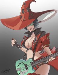 Rule 34 | 1girl, choker, electric guitar, fingerless gloves, geonide, gloves, grin, guilty gear, guilty gear strive, guitar, hat, highres, i-no, instrument, jacket, red jacket, red lips, short hair, smile, sunglasses, venus symbol, witch hat