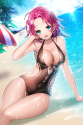 Rule 34 | 1girl, adjusting hair, aile (crossroads), aqua eyes, arm support, beach, beach umbrella, breasts, cleavage, day, front-tie top, green eyes, hand in own hair, medium breasts, one-piece swimsuit, palm tree, parted lips, pink hair, rio (sword girls), shiny skin, skindentation, smile, solo, swimsuit, sword girls, thigh gap, tree, umbrella