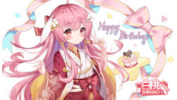 Rule 34 | 1girl, \m/, ahoge, aiguillette, animal ears, birthday cake, blush, bow, cake, candy, character logo, character name, check clothing, chocolate, chocolate heart, confetti, floating hair, flower, food, hair flower, hair ornament, hairclip, hands up, happy birthday, heart, highres, japanese clothes, kimono, kosode, lenka1264504528, long hair, looking at viewer, lop rabbit ears, miko, pink bow, pink hair, pink ribbon, print kimono, providence project, rabbit ears, red bow, red eyes, red kimono, red sash, ribbon, sash, shirako (vtuber), solo, upper body, virtual youtuber, white background, x hair ornament