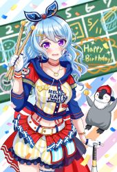 Rule 34 | 1girl, back bow, backwards hat, ball, bang dream!, baseball, baseball bat, belt, bird, blue hair, blue hairband, blue sleeves, blush, bow, breasts, choker, clothes writing, collarbone, commentary request, confetti, cowboy shot, crouching start, dated, diagonal stripes, drawstring, drumsticks, earrings, fingerless gloves, gloves, group name, hair between eyes, hair ornament, hairband, hairclip, happy birthday, hat, highres, holding, holding ball, holding drumsticks, hood, hood down, hooded jacket, jacket, jellyfish, jewelry, layered sleeves, light blue hair, long hair, looking at viewer, matsubara kanon, medium breasts, midriff, multicolored background, navel, necklace, open mouth, penguin, purple eyes, red bow, red choker, red skirt, scoreboard, short sleeves, shorts, sidelocks, single thighhigh, skirt, solo focus, standing, star (symbol), star earrings, striped clothes, striped shorts, suspender shorts, suspenders, thighhighs, white belt, white gloves, white thighhighs, wristband