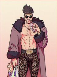 Rule 34 | 1boy, abs, absurdres, alternate costume, animal print, bag, baguette, black hair, black nails, bread, coat, collarbone, cowboy shot, draven, drinking straw, drinking straw in mouth, earrings, facial hair, food, fur-trimmed coat, fur trim, gatopescado3, hair up, highres, holding, holding bag, jewelry, league of legends, leopard print, long sleeves, male focus, multicolored pants, mustache, nail polish, navel, nipples, open clothes, open coat, pants, short hair, solo, sunglasses
