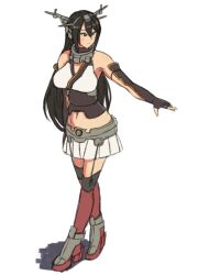 Rule 34 | 10s, 1girl, black hair, breasts, elbow gloves, fingerless gloves, gauntlets, gloves, hairband, hayabusa, headgear, kantai collection, large breasts, long hair, midriff, nagato (kancolle), outstretched arm, red eyes, simple background, skirt, solo, thighhighs, white background