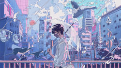 Rule 34 | 1boy, arm at side, bag, blue eyes, blue hair, bubble, building, city, cityscape, closed mouth, cloud, cloudy sky, collared shirt, commentary, crane (machine), dark blue hair, fish, floating, flying, flying whale, hand up, highres, holding, holding umbrella, ichigoame, long sleeves, looking away, looking down, manta ray, mask, moorish idol, original, outdoors, railing, rain, scenery, shirt, short hair, shoulder bag, sky, solo, transparent, transparent umbrella, tropical fish, umbrella, upper body, whale, white shirt, wide shot, wireless earphones