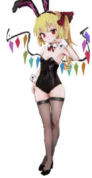 Rule 34 | 1girl, absurdres, alternate costume, animal ears, bare shoulders, black footwear, black leotard, blonde hair, blush, bow, bowtie, breasts, brown thighhighs, closed mouth, crossed ankles, detached collar, expressionless, fake animal ears, flandre scarlet, full body, heart, heart in eye, high heels, highres, leotard, long hair, playboy bunny, rabbit ears, red bow, red bowtie, red eyes, reddizen, side ponytail, simple background, sketch, small breasts, solo, standing, symbol in eye, thighhighs, touhou, white background, wings, wrist cuffs