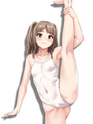 Rule 34 | 1girl, :(, arm up, armpits, barefoot, blush, brown eyes, brown hair, cameltoe, collarbone, flat chest, flexible, highres, john doe shinobu, leg hold, leg lift, leg up, legs, looking at viewer, one-piece swimsuit, original, see-through, see-through swimsuit, simple background, solo, split, standing, standing on one leg, standing split, swimsuit, white background, white one-piece swimsuit