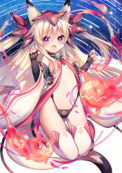 Rule 34 | 1girl, animal ears, ao jun, bell, neck bell, black panties, blonde hair, blush, collar, detached sleeves, fox ears, fox tail, japanese clothes, long hair, looking at viewer, navel, open mouth, original, panties, purple eyes, ribbon-trimmed sleeves, ribbon trim, solo, tail, thighhighs, two side up, underwear, veil, wide sleeves