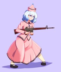Rule 34 | 1girl, absurdres, ar-10, battle rifle, black footwear, blue eyes, blue hair, closed mouth, commentary, english commentary, full body, gun, hat, highres, holding, holding weapon, julian belkan, long sleeves, looking at viewer, merlin prismriver, pink hat, pink shirt, pink skirt, purple background, rifle, shirt, short hair, simple background, skirt, solo, standing, touhou, weapon