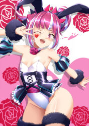 Rule 34 | 1girl, ;d, alternate costume, animal ears, bare shoulders, blunt bangs, blush, breasts, cowboy shot, facial mark, facial tattoo, fake animal ears, fire emblem, fire emblem engage, flower, hair rings, heart, heart facial mark, heart tattoo, hortensia (fire emblem), leotard, looking at viewer, multicolored hair, nintendo, one eye closed, open mouth, pink eyes, pink hair, playboy bunny, rabbit ears, rose, small breasts, smile, solo, tattoo, teeth, two-tone hair, upper teeth only, w, white hair, yanmarson