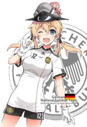 Rule 34 | 10s, 1girl, 2010, 2010 fifa world cup, ;d, anchor hair ornament, anchor symbol, animal, animal on head, black shorts, blonde hair, blue eyes, blush, cowboy shot, emblem, eyebrows, fujii jun, german flag, german text, germany, hair between eyes, hair ornament, hat, jersey, kantai collection, octopus, on head, one eye closed, open mouth, paul the octopus, peaked cap, prinz eugen (kancolle), short sleeves, shorts, simple background, smile, soccer, soccer uniform, solo, sportswear, tareme, waving, white background, world cup