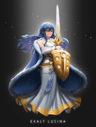 Rule 34 | 1girl, alternate costume, bare shoulders, belly chain, black background, blue eyes, blue hair, burnt green tea, collarbone, collared dress, detached sleeves, dress, english text, falchion (fire emblem), fire emblem, fire emblem (object), fire emblem awakening, highres, holding, holding sword, holding weapon, jewelry, long dress, long hair, lucina (fire emblem), nintendo, shield, sleeveless, sleeveless dress, smile, solo, sunlight, sword, tiara, weapon, white dress