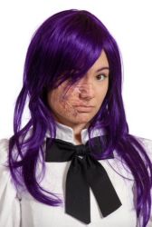 Rule 34 | 1girl, asian, bow, brown eyes, burn scar, cosplay, holydiver, ikezawa hanako, katawa shoujo, photo (medium), purple hair, ribbon, scar