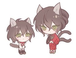 Rule 34 | 1boy, 1girl, aged down, animal ears, bad id, bad pixiv id, black hair, cat boy, cat ears, cat girl, cat tail, chibi, closed mouth, floral print kimono, frown, full body, green eyes, hair between eyes, japanese clothes, kemonomimi mode, kimono, long sleeves, looking at another, maya (slow damage), meremero, multiple tails, red kimono, short hair, simple background, slow damage, standing, tail, towa (slow damage), two tails, white background