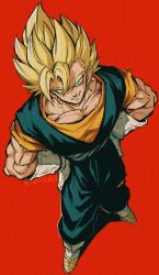 Rule 34 | 1boy, absurdres, artist name, biceps, blonde hair, boots, collarbone, dougi, dragon ball, dragonball z, earrings, from above, full body, gloves, green eyes, grey sash, grin, hair between eyes, hands on own hips, highres, jewelry, looking at viewer, male focus, muscular, muscular male, orange shirt, pectoral cleavage, pectorals, potara earrings, red background, relio db318, sash, shirt, short sleeves, simple background, smile, smirk, solo, spiked hair, standing, super saiyan, super saiyan 1, teeth, twitter username, v-shaped eyebrows, vegetto, white footwear, white gloves
