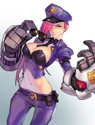 Rule 34 | 1girl, belt, blue background, blue eyes, breasts, cleavage, female focus, gauntlets, gradient background, hair over one eye, hat, large breasts, league of legends, light smile, lips, long hair, looking at viewer, midriff, navel, officer vi, pink hair, police, police hat, police uniform, policewoman, racoona, solo, sunglasses, uniform, vi (league of legends), white background