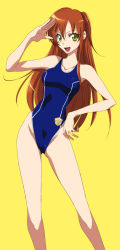 Rule 34 | 1girl, bare legs, breasts, brown hair, code geass, competition swimsuit, female focus, hand on own hip, long hair, onaya masakazu, one-piece swimsuit, salute, shirley fenette, simple background, smile, solo, swimsuit, yellow eyes