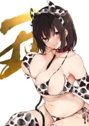 Rule 34 | 1girl, :q, animal ears, animal print, areola slip, bikini, breasts, brown hair, collar, collarbone, cow ears, cow horns, cow print, cow print bikini, elbow gloves, fake animal ears, fake horns, gloves, grey eyes, hair between eyes, highres, horns, large breasts, leash, looking at viewer, navel, original, otou (otou3dayo), print bikini, red collar, short hair, side-tie bikini bottom, simple background, solo, swimsuit, thighhighs, tongue, tongue out, white background, white bikini, white gloves, white thighhighs
