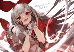 Rule 34 | 1girl, :d, black gloves, blush, commentary request, copyright notice, dunnottar (oshiro project), from below, gloves, hair ribbon, long hair, looking at viewer, official art, open mouth, oshiro project:re, oshiro project:re, red eyes, red ribbon, ribbon, ryota (ry o ta), second-party source, silver hair, simple background, smile, solo, stuffed toy, swept bangs, upper body, white background