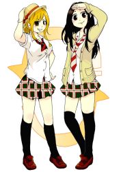 Rule 34 | 2girls, black hair, black socks, blonde hair, brown eyes, cardigan, coppelion, full body, green skirt, hand on own head, hand on own hip, hand to forehead, hat, ikarimame, kneehighs, loafers, long hair, looking at viewer, miniskirt, multiple girls, necktie, ozu kanon, ozu shion, plaid, plaid skirt, pleated skirt, shirt, shoes, short sleeves, siblings, sisters, skirt, socks, striped necktie, striped neckwear, thighhighs, white background, white shirt, yellow eyes