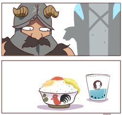 Rule 34 | 1boy, 1other, animal print, arknights, beard, beard over mouth, bird, bowl, bubble tea, chicken, crossover, doctor (arknights), drink, dungeon meshi, dwarf, egg (food), facial hair, fake horns, food, helmet, horned helmet, horns, kelsuis, long beard, mustache, nervous sweating, out of frame, rice, rice bowl, roe, senshi (dungeon meshi), surprised, suspicious egg dish, sweat, sweatdrop, thick mustache, very long beard