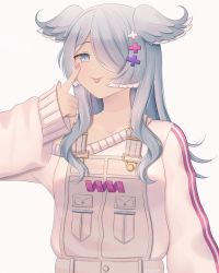 Rule 34 | 1girl, :p, absurdres, akanbe, blue eyes, blue hair, elira pendora, elira pendora (1st costume), eyelid pull, grey overalls, hair ornament, hairclip, hand up, head wings, highres, lalalien, long hair, looking at viewer, nijisanji, nijisanji en, overalls, simple background, smile, solo, sweater, tongue, tongue out, upper body, virtual youtuber, white background, white sweater, wings