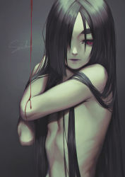 Rule 34 | 1boy, absurdres, adjusting hair, androgynous, black hair, blood, blood drip, gradient background, grey background, hair over one eye, highres, long hair, male focus, original, pale skin, parted lips, purple lips, red eyes, seichi naruse, signature, skinny, solo, trap, upper body