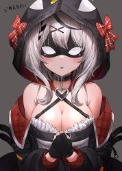 Rule 34 | 1girl, absurdres, belt, black belt, black choker, black gloves, black hair, black jacket, blouse, blush, bow, breasts, choker, cleavage, commentary, crying, crying with eyes open, eye mask, facing viewer, fingerless gloves, gloves, hair ornament, highres, hololive, hood, hood up, jacket, large breasts, lds (dstwins97), long hair, multicolored hair, off shoulder, open clothes, open jacket, parted lips, plaid, plaid bow, red bow, sakamata chloe, shirt, silver hair, simple background, solo, streaked hair, tears, translated, upper body, virtual youtuber, white shirt, x hair ornament