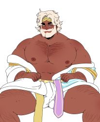 Rule 34 | 1boy, abs, arm hair, bara, bare pectorals, beard, blue eyes, bulge, chest hair, cookie run, eggnog cookie, facial hair, feet out of frame, highres, laancer (blovednight), large pectorals, leg hair, looking at viewer, male focus, male underwear, mature male, muscular, muscular male, mustache, navel, nipples, off shoulder, open clothes, pectorals, seductive smile, short hair, sitting, smile, smirk, solo, stomach, thick eyebrows, thick thighs, thighs, underwear, upper body, white background, white hair, white male underwear